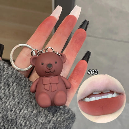 Cute Bear Keychain Matte Velvet Lip Gloss Mirror Brown Lipstick Waterproof Long Lasting Non-Stick Cup Lip Mud Korean Cosmetic.