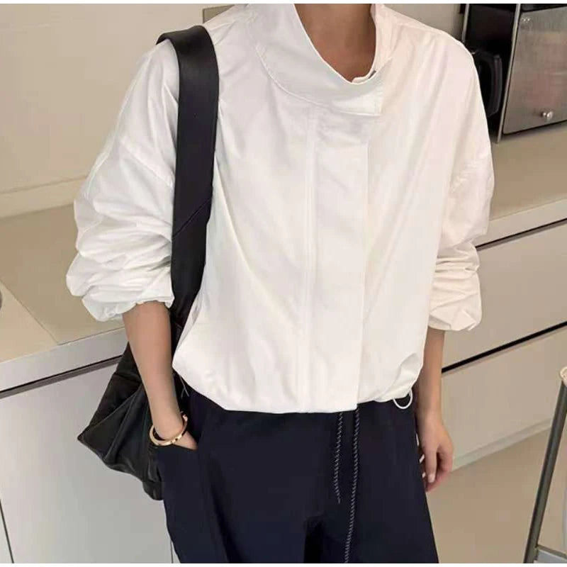 Straße Solide Zipper Dünne Jacke Frauen Stehen Kragen Volle Hülse Kordelzug Straße Jacken 2025, Herbst Dame Casual Outwears Neue.