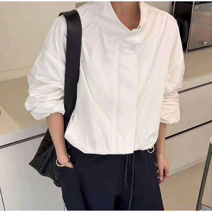 Straße Solide Zipper Dünne Jacke Frauen Stehen Kragen Volle Hülse Kordelzug Straße Jacken 2025, Herbst Dame Casual Outwears Neue.