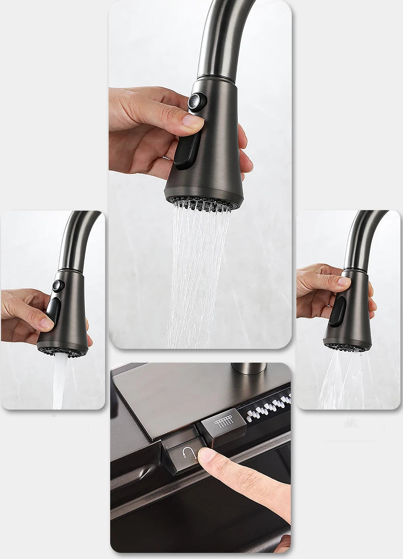 YCRAYS Digital Display Nano Kitchen Sink Large Single Bowl SUS304 Waterfall Faucet Cup Washer Purified Tap Soap Dispenser