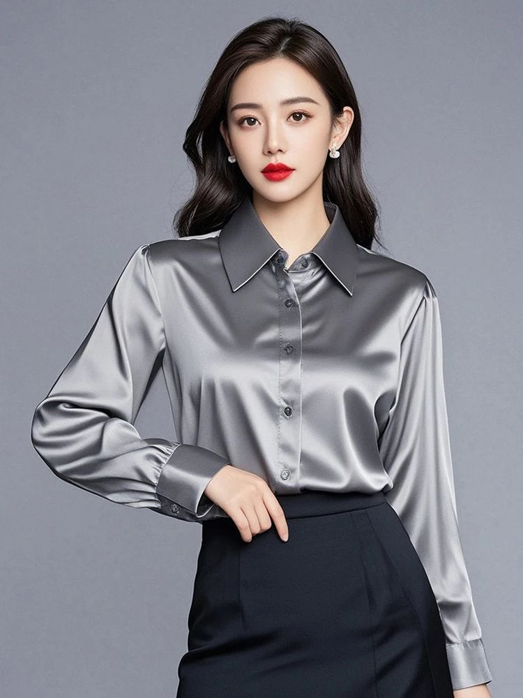 Elegant Silk Office Shirts Women Korean Fashion Y2k Clothes Slim Long Sleeve White Black Blusas Mujer Workwear Tops and Blouses.