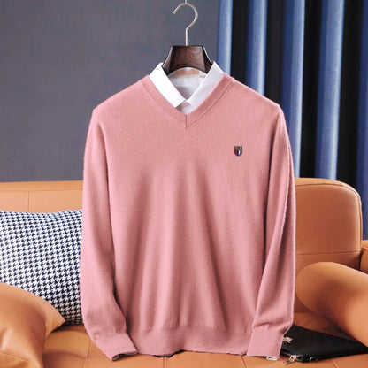 Soft Warm Pullover Cashmere Sweater Men's V Neck Thickened Classic Tops Autumn Winter New  Casual Solid Color Knitted Pullover.