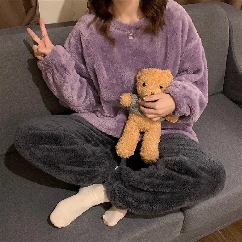 Winter Women Warm Fashion Pajama Sets Sweet   Elegant French Style Girlish Leisure Thicken Flannel Comfort Pajamas