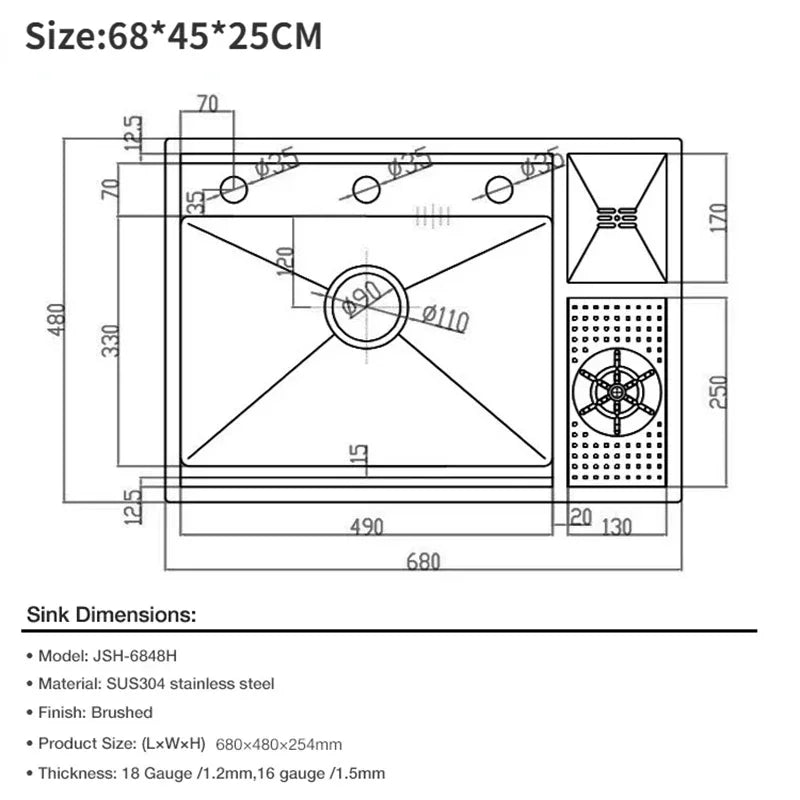 Black Concealed Kitchen Sink with Lid Stainless Steel Multifunctional Bar Built-In Vegetable Sink with Cup Wash Middle Downspout