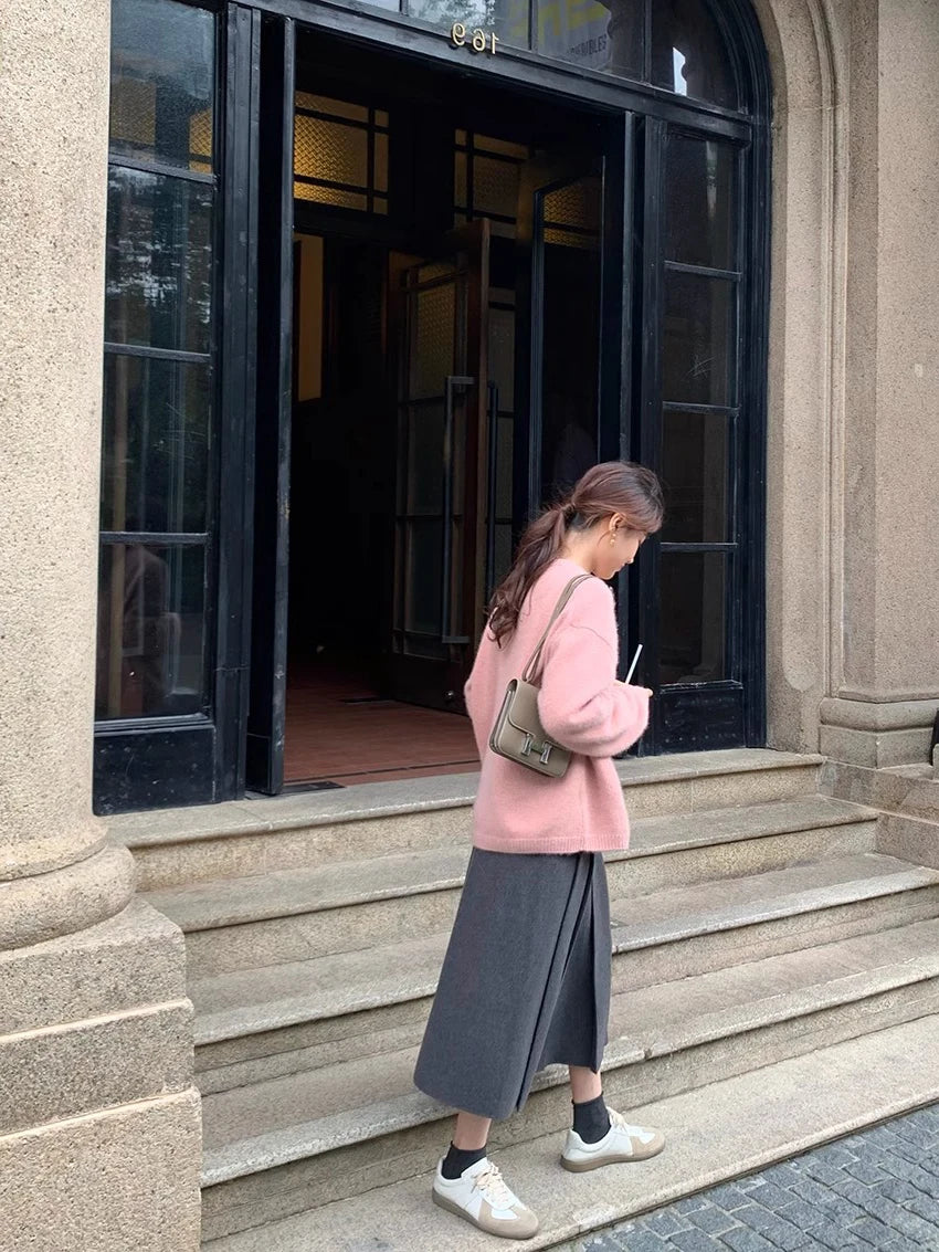 Thick Hepburn Style Woolen Pleated Skirt High Waist Slimming Casual Half Skirt Women Autumn Winter Unique Long Skirt