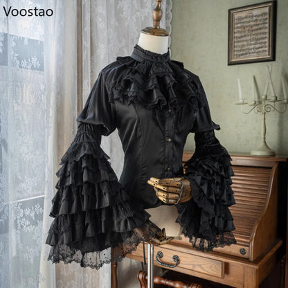 Victorian Elegant Lolita Style Shirts Japanese Women Vintage Gothic Lace Ruffles Flare Long Sleeve Blouses Sweet Y2k Slim Tops.