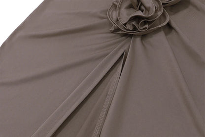 WhereMery Vintage Flower Applique High Split Long Skirt Sexy High-waist Ruched Solid Slim Skirts 2025 Casual Women's Short Drees.