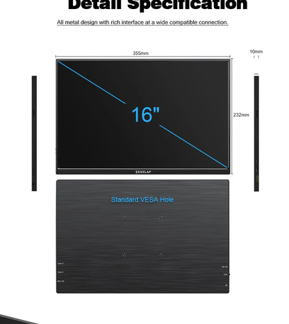 ZEUSLAP 16" 2.5K 144hz Portable Monitor 2560*1600 16:10 100%sRGB 500Cd/m²  Travel Gaming Display for Laptop Switch ps4 ps5 Xbox