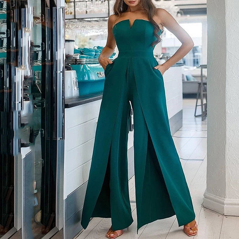 Women Elegant Slash Collar Straight Romper Sexy Off Shoulder Suit One Piece 2023 Fashion Lady High Waist Bow Solid Jumpsuits.