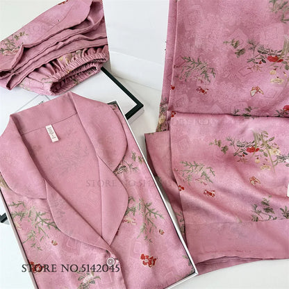 Chinese Style Print Flower 3PCS Pajamas Set Loungewear Summer New Women Sleepwear Short Sleeve Trouser Suit Silk Satin Homewear.
