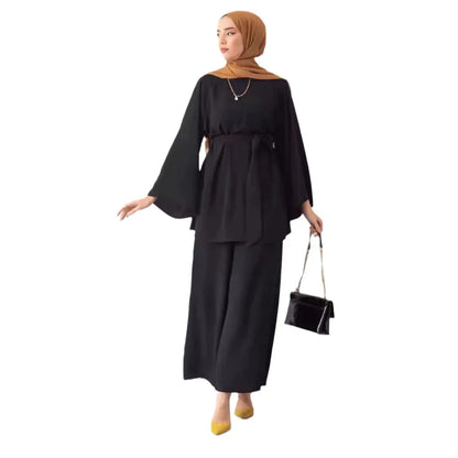 Eid Muslim Two Piece Set Islam Women Lace Up Shirt Wide Leg Pants Suits Ramadan Turkey Outfits Modest Morocco Abayas Ensembles.