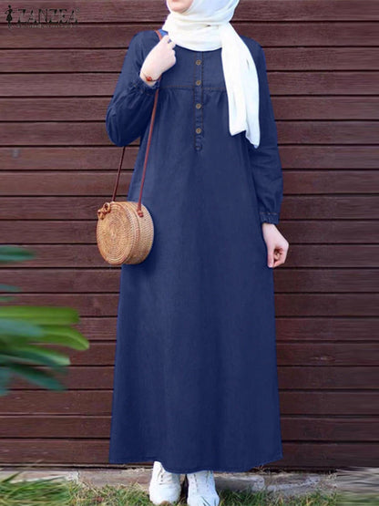 ZANZEA Women Vintage Muslim Abaya Dress 2024 Autumn Sundress Casual Long Sleeve Solid Maxi Long Vestidos Kaftan Islamic Clothing.