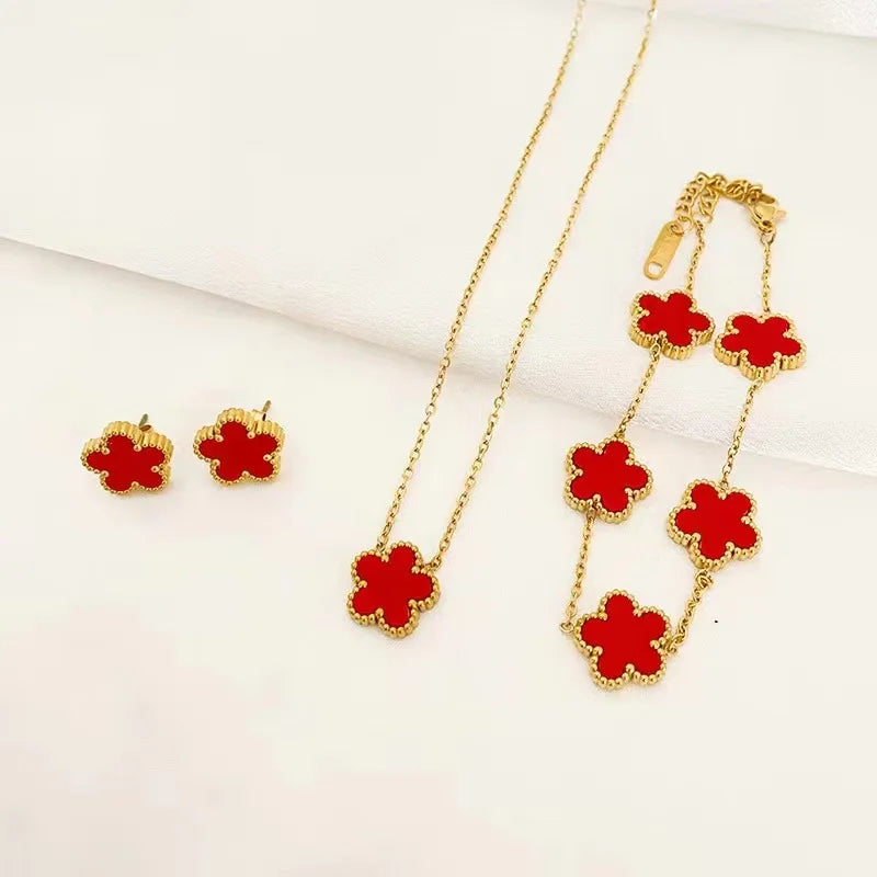 3Pcs Luxury Black Red Green White Plum Blossom Plant Five Leaf Flower Necklace Earrings Bracelet Jewelry Sets For Women.