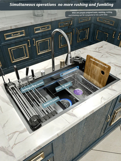 Stainless Steel Kitchen Sink Waterfall Outlet Faucet Multifunctional Large Single Slot Convenient Dishwashing and Vegetable Sink