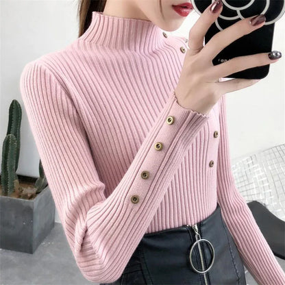 2023 frauen Herbst Gestrickte Dünne Pullover Solide Strickte Weibliche Baumwolle Weiche Elastische Farbe Pullover Taste Volle Hülse Rollkragen