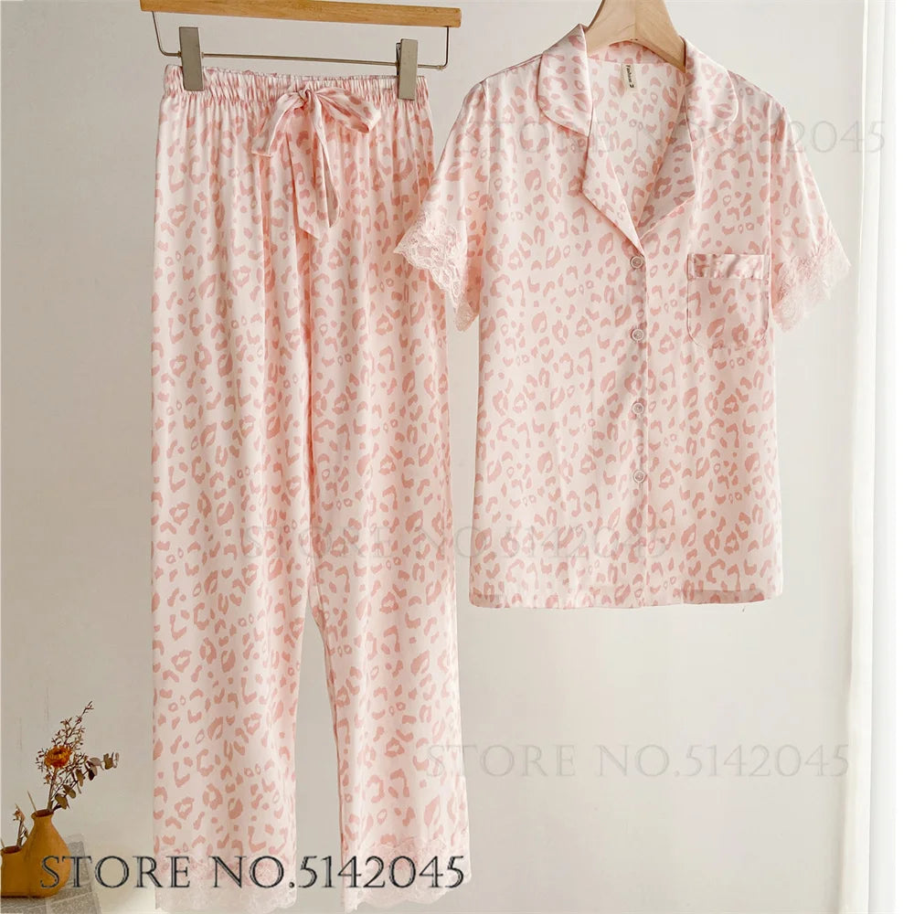 Mode Druck Blume 2PCS Pyjamas Set Frauen Nachtwäsche Frühling Sommer Hosen Anzüge Lounge Tragen Lose Satin Homewear Pijamas Anzug