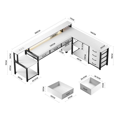 Weißer L-förmiger Schreibtisch mit LED Beleuchtung Schubladen Regal USB Steckdosen Computertisch 200cm