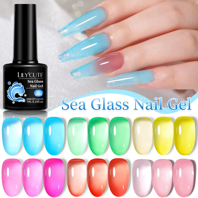 LILYCUTE 6Pcs 7ML Jelly Glass Gel Nail Polish Set Sea Blue Varnish Semi-transparent Nail Art Semi Permanent UV Gel Varnish.