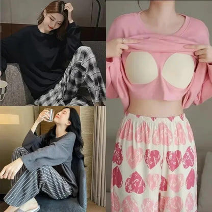 2PCS/Set Women Big Size with Chest Pads Pajamas Spring Autumn and Winter Long-Sleeved Headset Loose Homewear Can Be Worn Outside.
