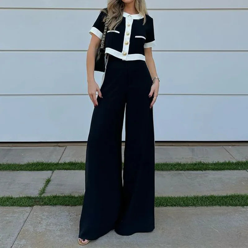 Fashion New Two Piece Set Women's Round Neck Short Sleeve Patchwork Singe Breasted Button Top Loose Wide Legs Pants Sets Women.