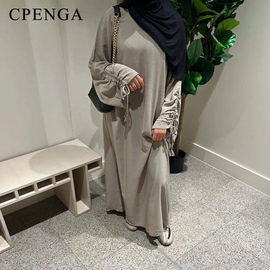 2024 Saudi Arabia Muslim Women Modest Dress Eid Dubai Plain Abaya Islamic Holiday Party Solid Turkey Lace-up Cuffs Long Clothes.