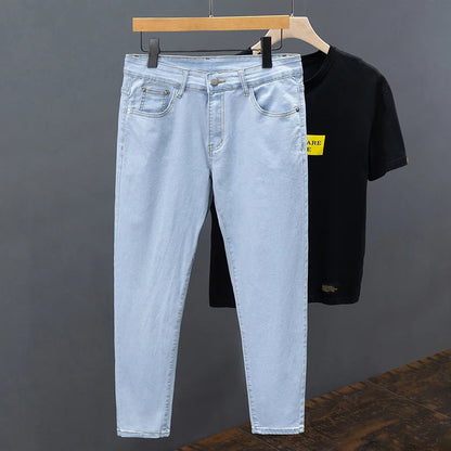 Men's Jeans Spring Summer Thin Slim Fit Elastic Cotton Soft Straight Denim Ankle Length Pants Korean Youth Fashion Trousers.
