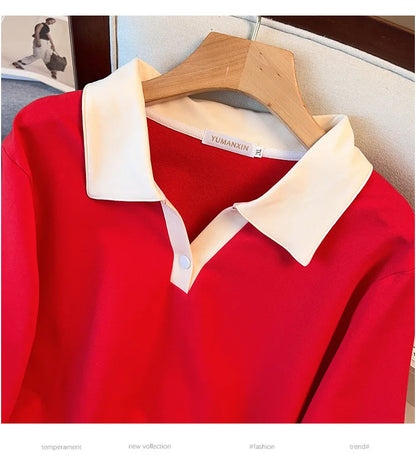 170kg plus size Damen büste Herbst lose Revers Langarm Sweatshirt schwarz rot 6xl 7xl 8xl 9xl 10xl 11xl