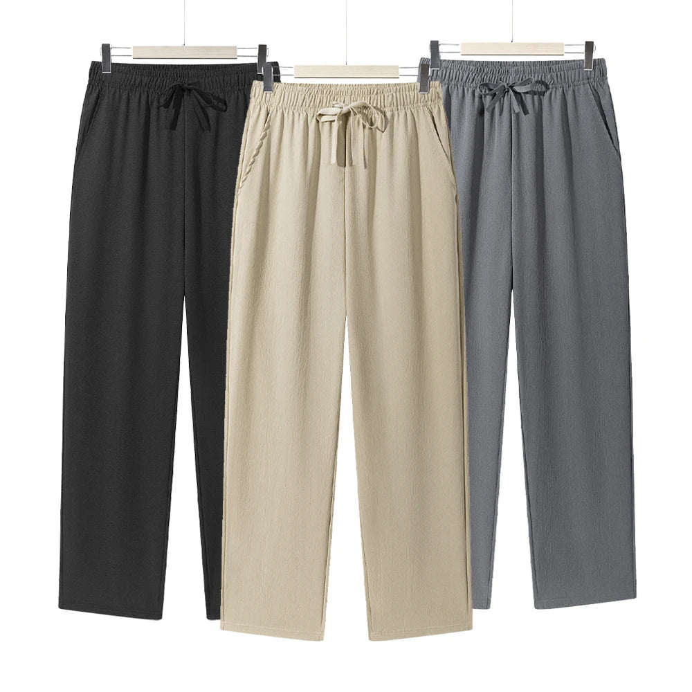 Summer Men's Straight Trousers Casual Solid Color Breathable Drawstring Long Pants Sweatpants Streetwear Men Baggy Pants.