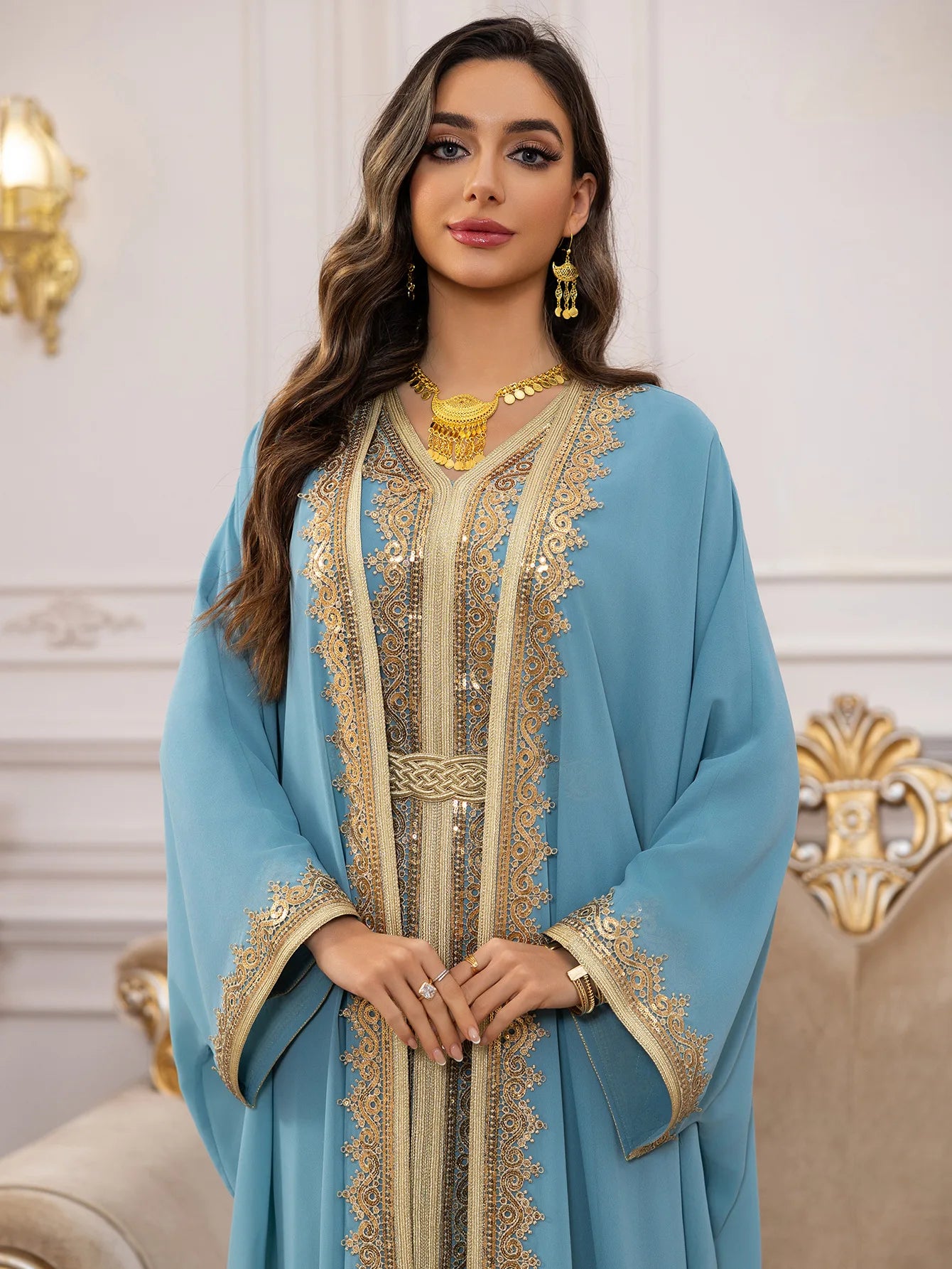 Uni Ramadan Sequins Dubai Abayas Arab Tunics Batwing Sleeve Dresses For Women Gala Two pieces Moroccan Elegant Kebaya.