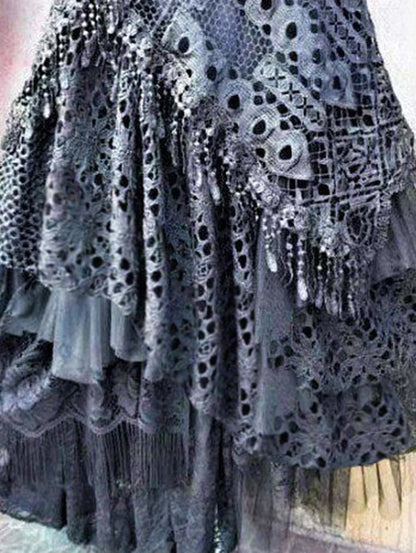 Elegant Lace Asymmetrical Skirt Women Vintage Y2K Boho High Waist Hollow Mesh Patchwork Layered Maxi Skirts Lady Holiday Outfits.
