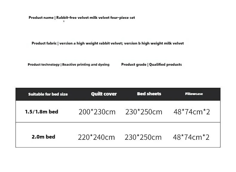 2024 new rabbit velvet milk velvet thickened rabbit fur warm four-piece set, 1.5m 1.8m bed sheet four-piece set.