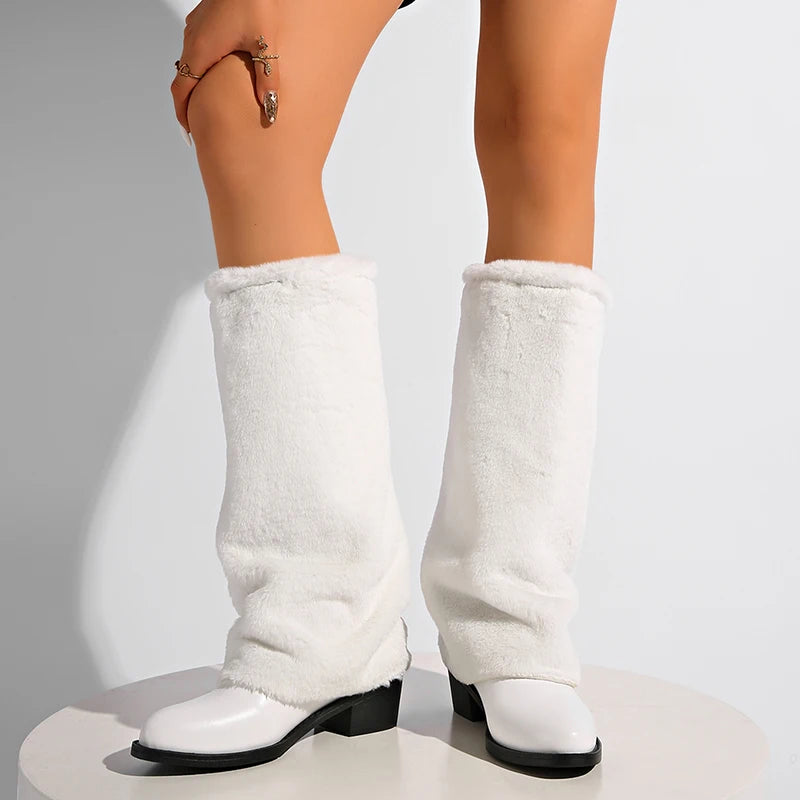 Luxury White Faux Wool Knee High Boots Women Winter Soft Plush Straight Tube Boots Woman Fashion Slip On Block Heel Long Botas.