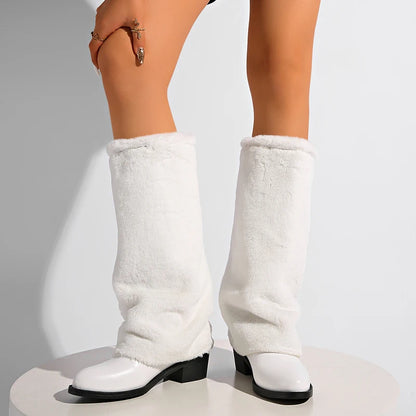 Luxury White Faux Wool Knee High Boots Women Winter Soft Plush Straight Tube Boots Woman Fashion Slip On Block Heel Long Botas.