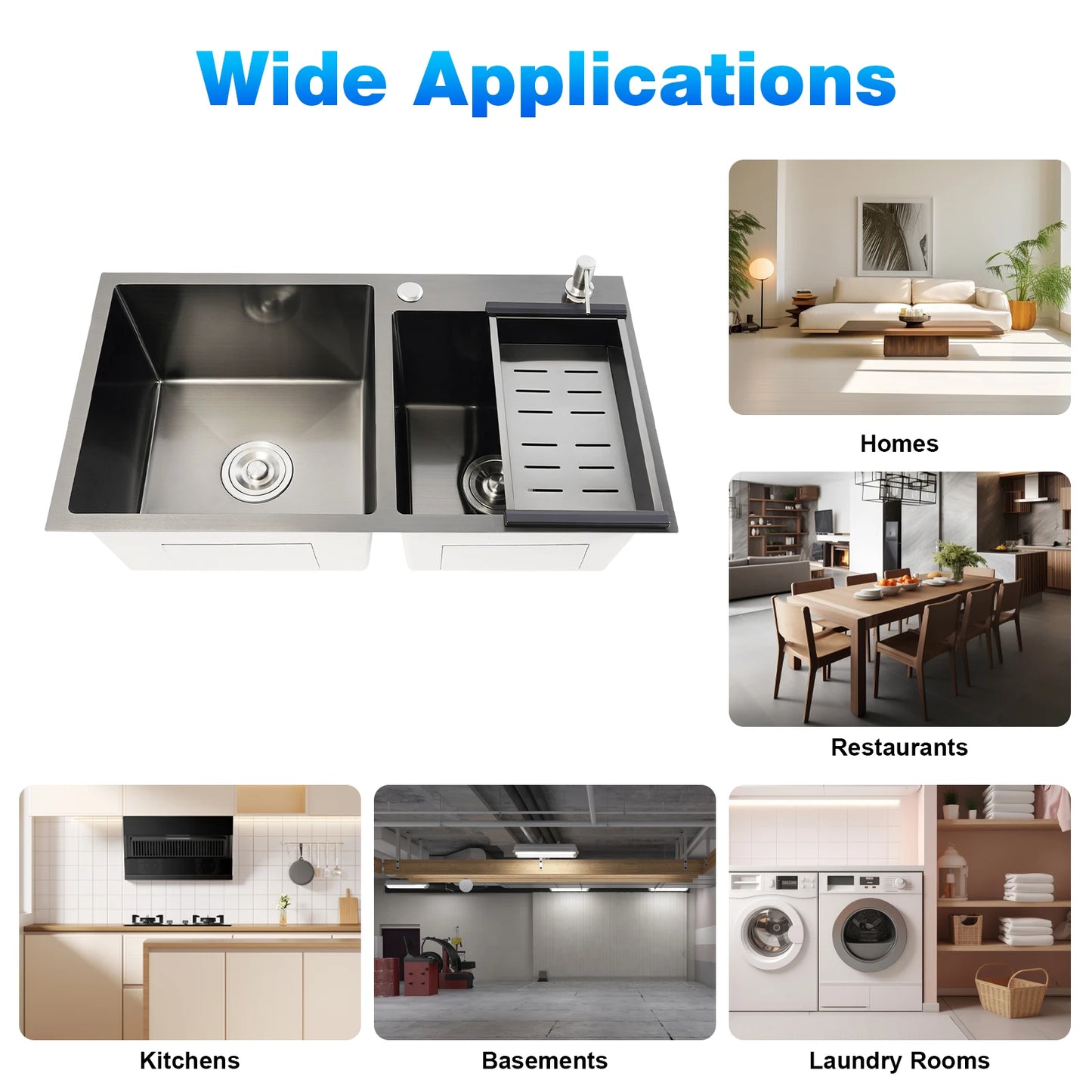 Edelstahlspüle, moderne Küchenspüle, Black Diamond 7843PB, Doppelspüle, Abfluss + Seifenspender zum Reinigen von Geschirr und Gemüse