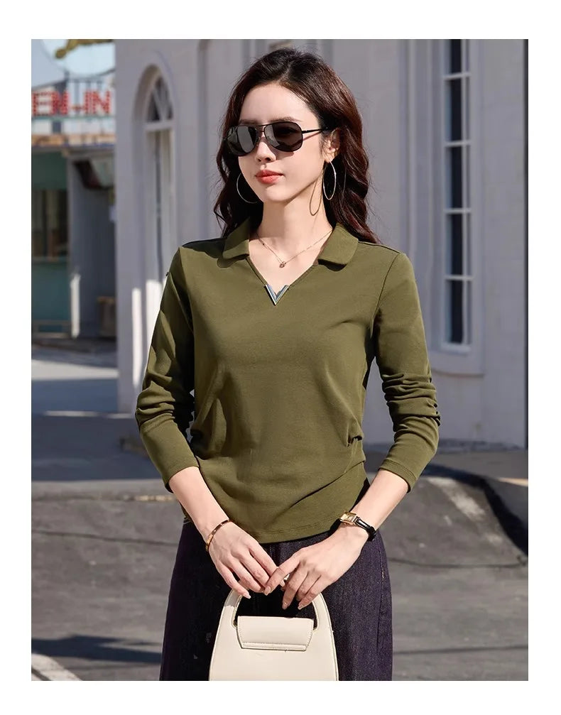 Korean version wine red long sleeved T-shirt for women in spring and autumn, new high-end fashion plus size lapel casual top