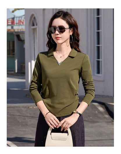 Korean version wine red long sleeved T-shirt for women in spring and autumn, new high-end fashion plus size lapel casual top