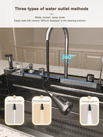 Golden Stainless Steel Waterfall Kitchen Sink Gold Embossed Extra Large Single Slot Digital Display Dishwashing Basin 100x50cm