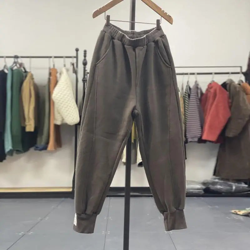 Autumn/Winter 150kg American Retro Cuffed Casual Trousers Men's Korean Slimming Patchwork Fleece-lined Harem Trousers Sweatpants.