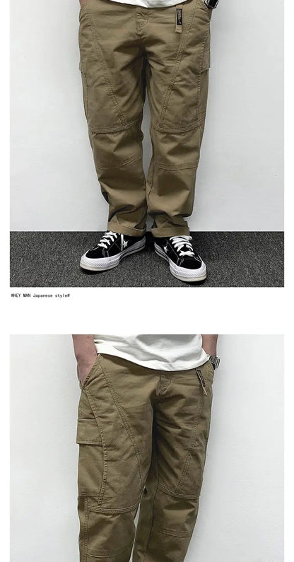 Autumn Men's Pants Multi-Pocket Cargo Pants Retro Solid Color Simple Loose Button Elastic Strap Casual Pants.