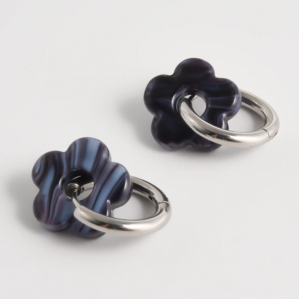 Colorful Flower Glass Drop Charms Earring Gold Color Circle Ear Buckle Hoops Stainless Steel Earrings Fashion Jewelry for Women