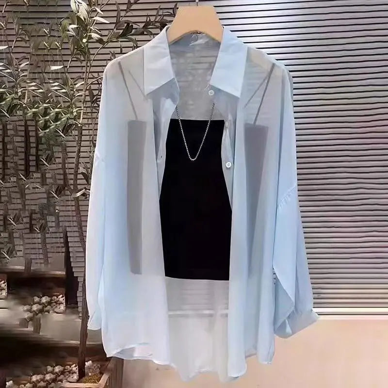 Sheer Chiffon Shirt Women's Casual UV Resistant Cardigan Summer Thin Commuting Coat Japanese Fashion Mesh Sunscreen Clothing Y2k