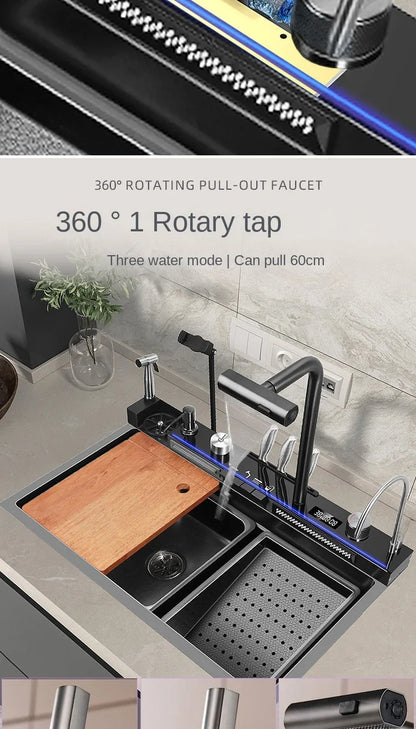 Großes Einzelschlitz-Wasserfallspülbecken aus Edelstahl 304, Digitalanzeige, geprägtes Waschbecken, Haushaltswaschbecken