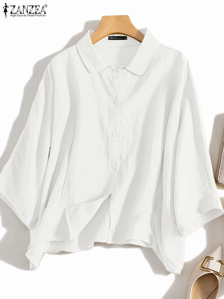 ZANZEA Summer Fashion Lapel Neck Shirt Women Elegant 3/4 Sleeve Blouse Work Buttons Down Tops Tunic Female Casual Loose Blusas.