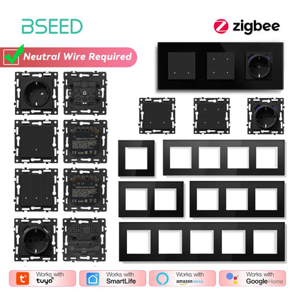 BSEED Zigbee-Schaltmodule Smart Click Lichtschalter Teile Schwarzer Glasrahmen DIY Kombination Wandsteckdosen USB-Anschluss E-Serie.