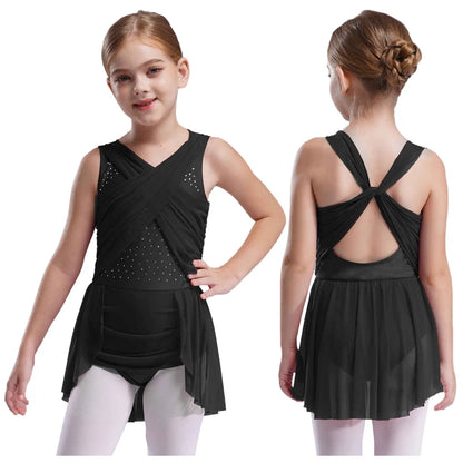 Kinder Mädchen Ärmellose Ausschnitt Strass Eiskunstlauf Trikot Kleid Lyrical Dance Gymnastik Akrobatik Leistung Kostüm