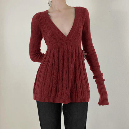 Y2K Zopfmuster-Pullover für Damen, weicher Pullover mit V-Ausschnitt, Tunika, solider A-Linien-Saum, langer Pullover, dehnbar, lässig für Herbst und Winter.