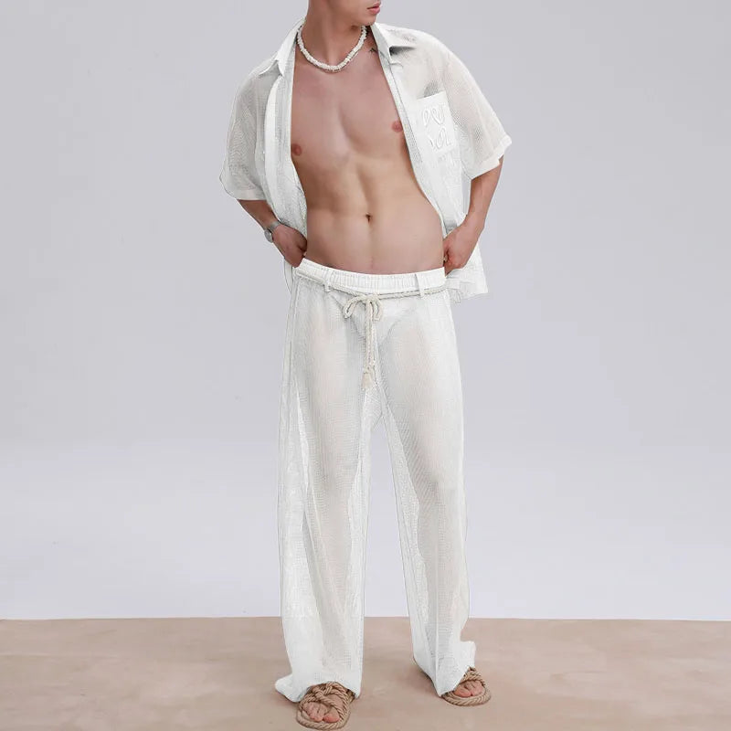 INCERUN Men Sets Mesh Patchwork See Through Sexy Short Sleeve Shirts & Pants Two Pieces Sets Streetwear 2025 Men's Casual Suits.