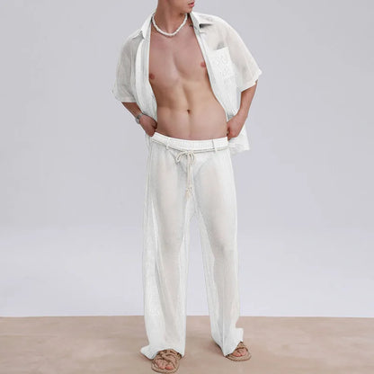 INCERUN Men Sets Mesh Patchwork See Through Sexy Short Sleeve Shirts & Pants Two Pieces Sets Streetwear 2025 Men's Casual Suits.