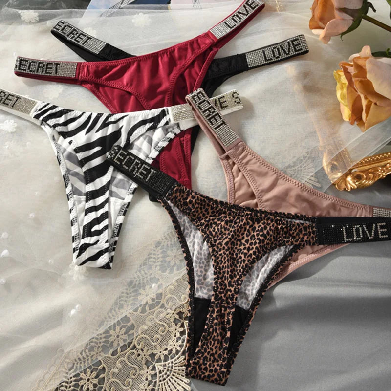 Low Waist Sexy Panties Women Thongs Rhinestones Letter Diamonds G-string Sports Thong Shorts Briefs T-back Fitness S-XL.