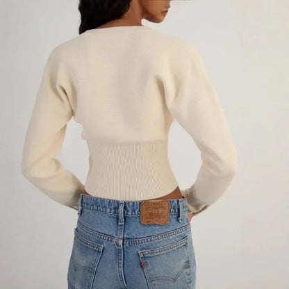 Women's High Waist Round Neck Single Breasted Cardigan Solid Long Sleeve Short Sweater Top Autumn Slim Bottoming Shirt.